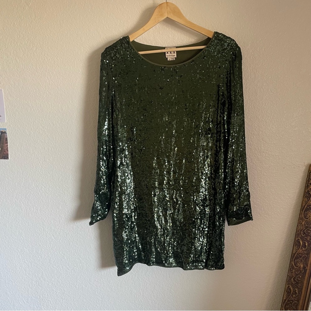 Haute Hippie 100% Silk Green Sequin Long Sleeve Mini Shift Dress Size Small